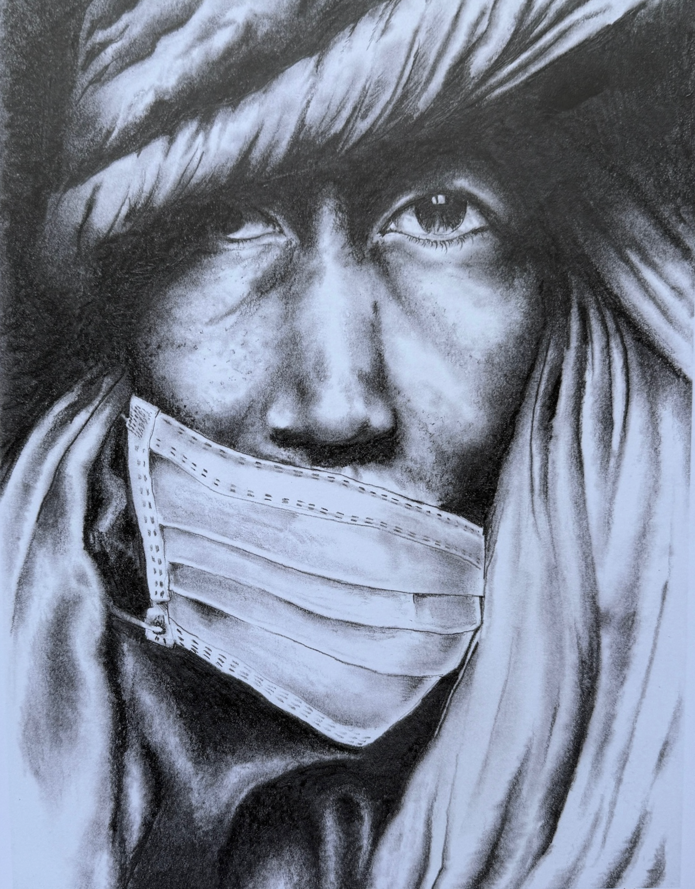 Black and white drawing of a person wearing a surgical mask with a headscarf.