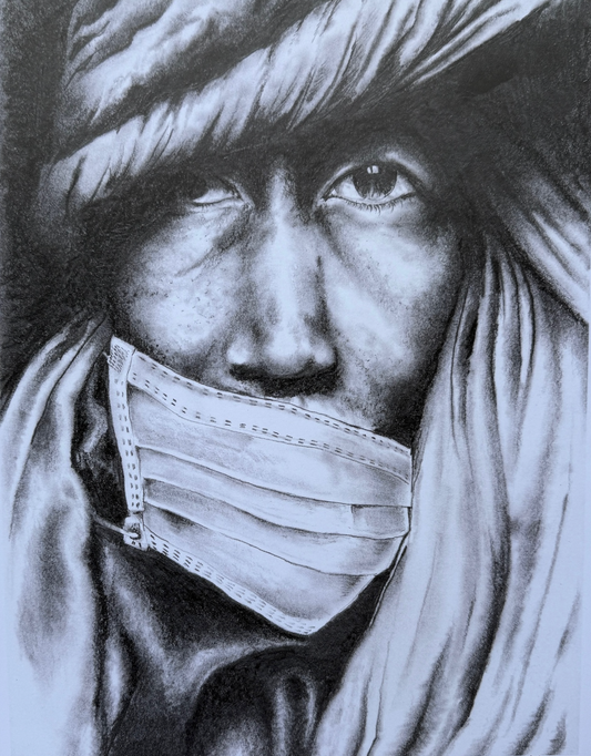 Black and white drawing of a person wearing a surgical mask with a headscarf.