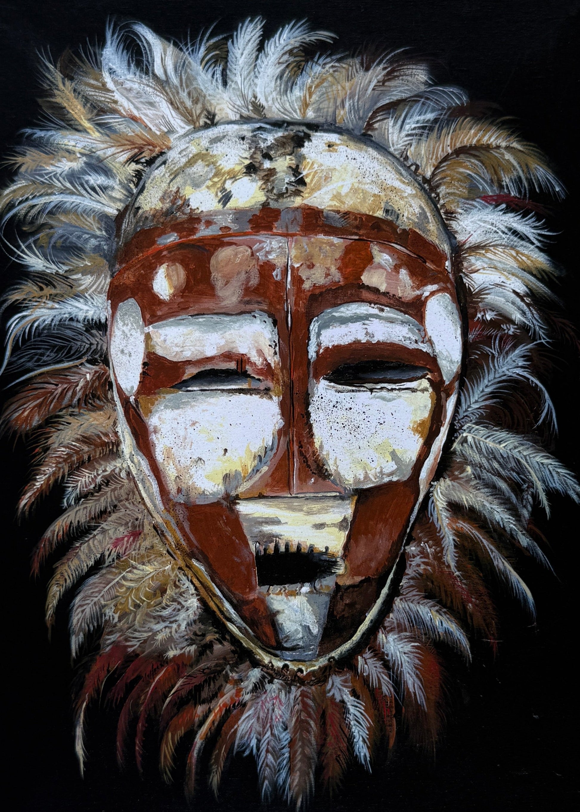 Traditional African mask with feathers on a black background