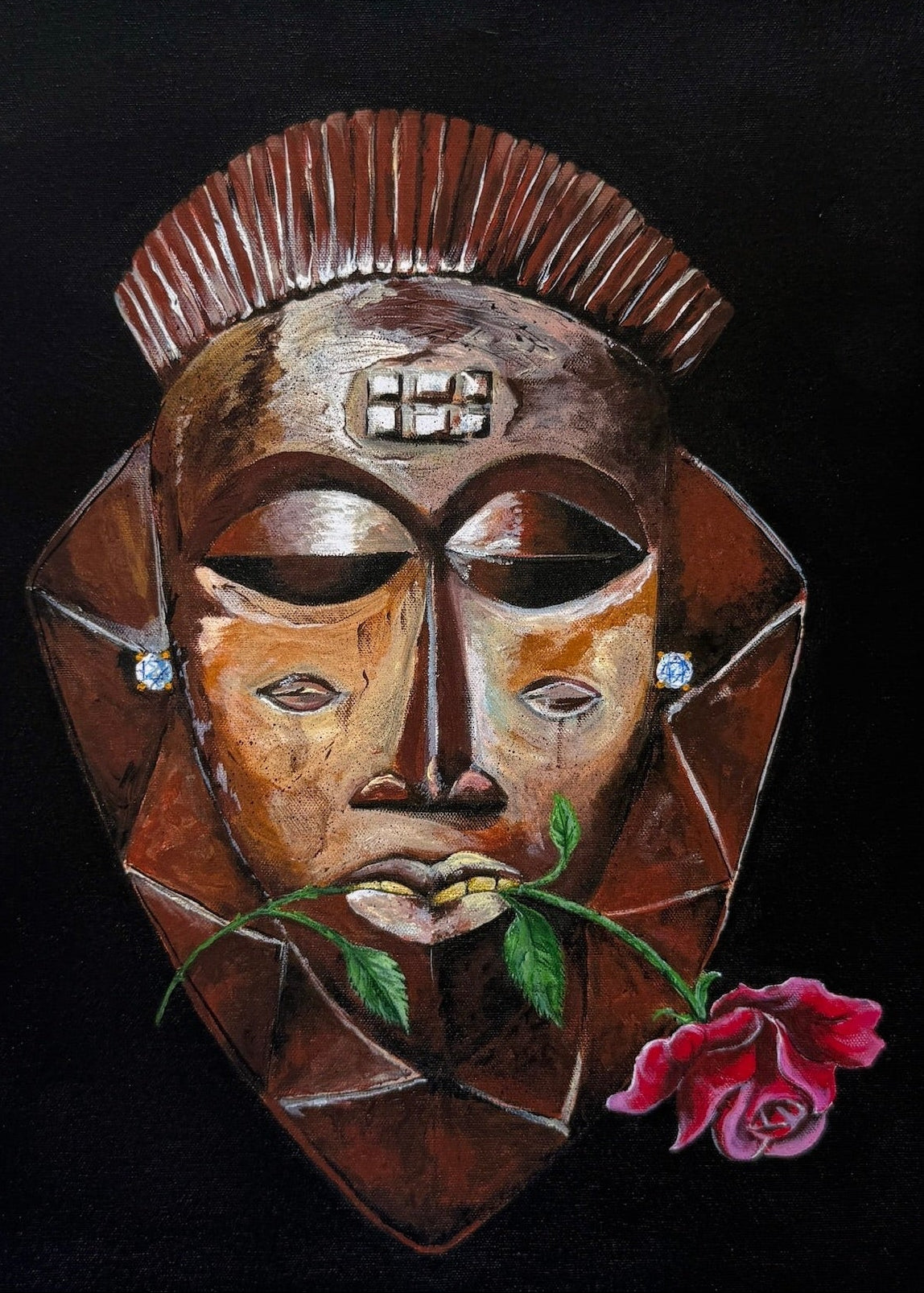 Wooden mask with a rose on a black background